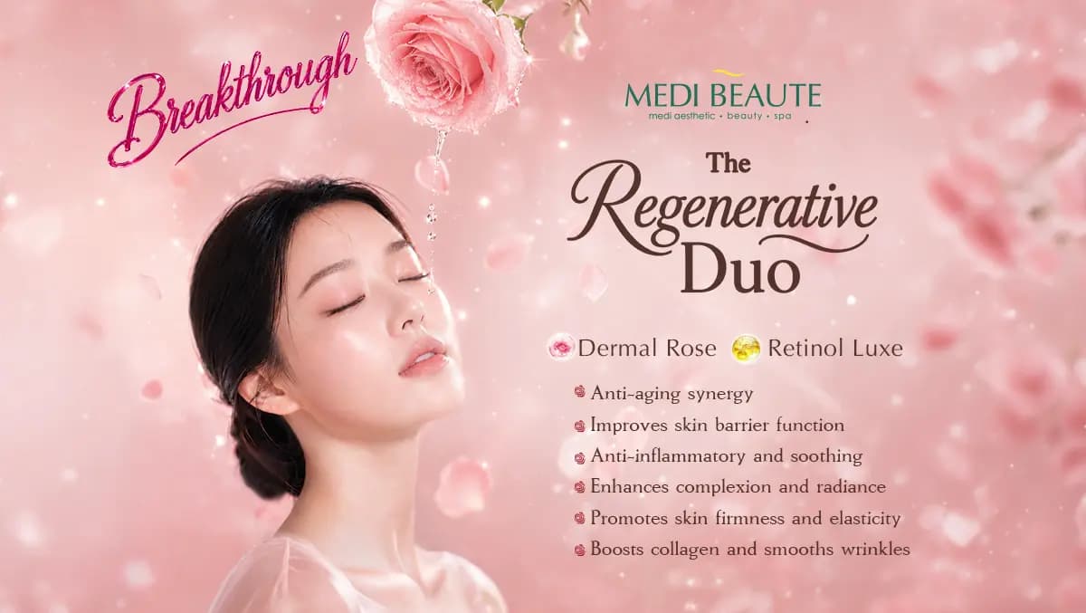 Breakthrough: The Regenerative Duo — Dermal Rose and Retinol Luxe. Anti-ageing synergy, improves skin barrier function, anti-inflammatory and soothing, enhances complexion and radiance, promotes skin firmness and elasticity, boosts collagen and smooths wrinkles.